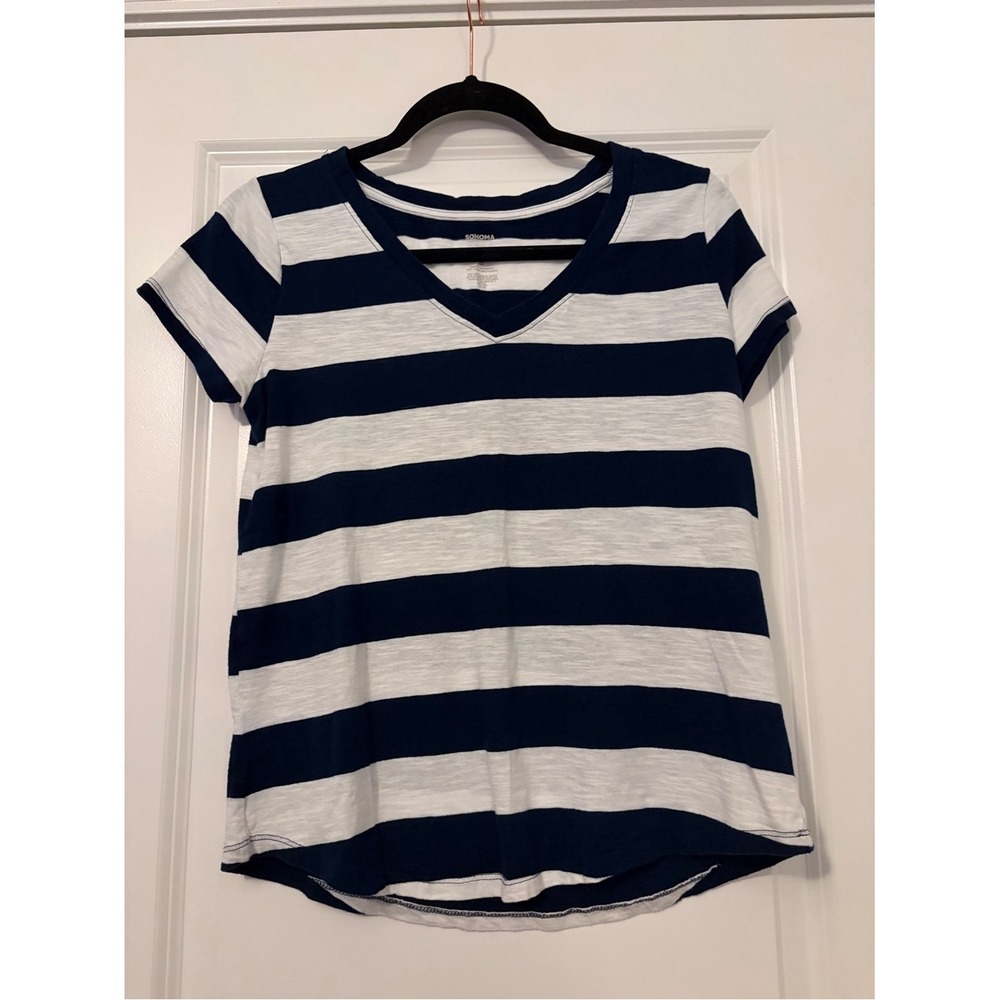 Sonoma The Everyday Tee Navy White Striped V-Neck Short Sleeve Shirt Womens S